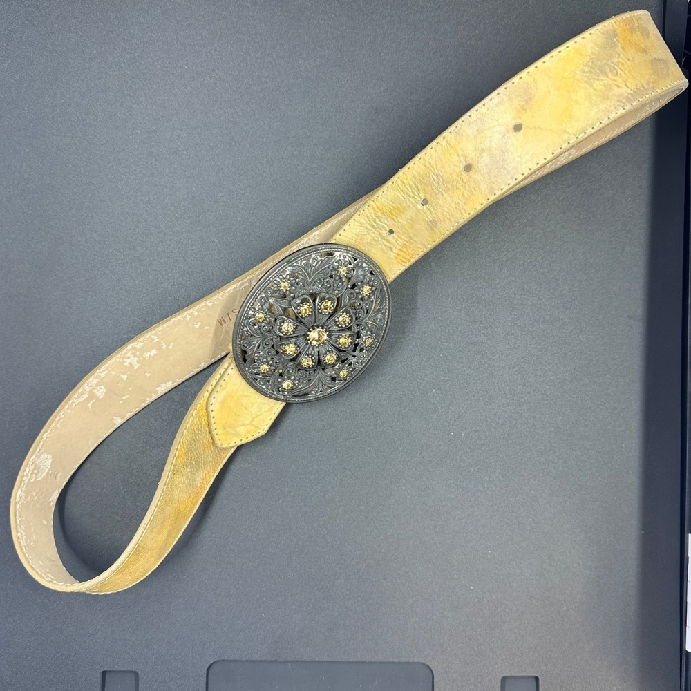 White House Black Market Y2K Belt Womens S/M Gold Leather Rhinestone Buckle